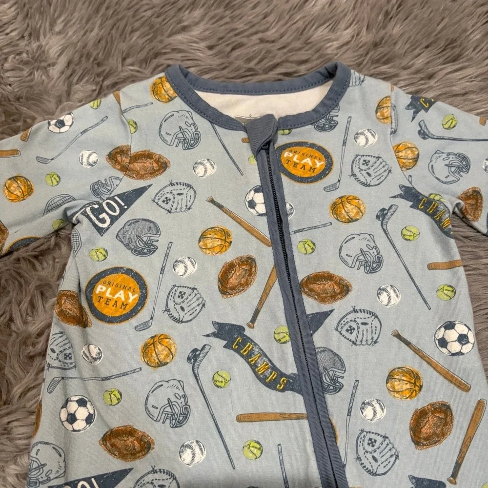 Mudpie‎ Sports Baby Footie Sleeper Blue Cotton Baby Boy 0-3 Months